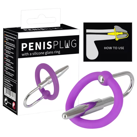Penisplug - siliconen eikelring met conische dilatator (paars-zilver)