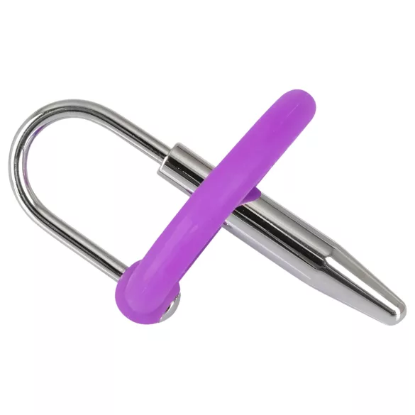 Penisplug - siliconen eikelring met conische dilatator (paars-zilver)