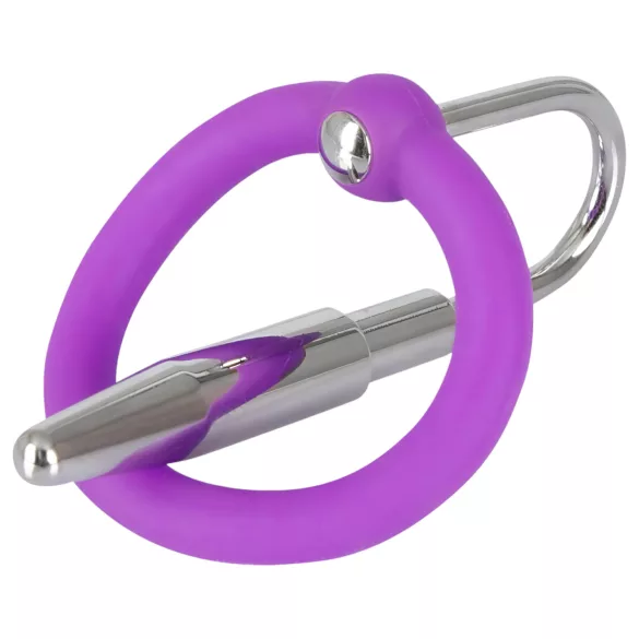 Penisplug - siliconen eikelring met conische dilatator (paars-zilver)