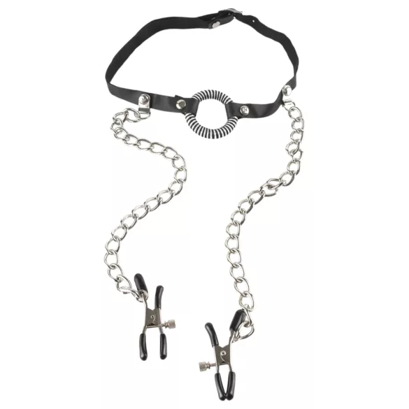 Fetish O-ring - mondknevel met tepelklemmen - metaal