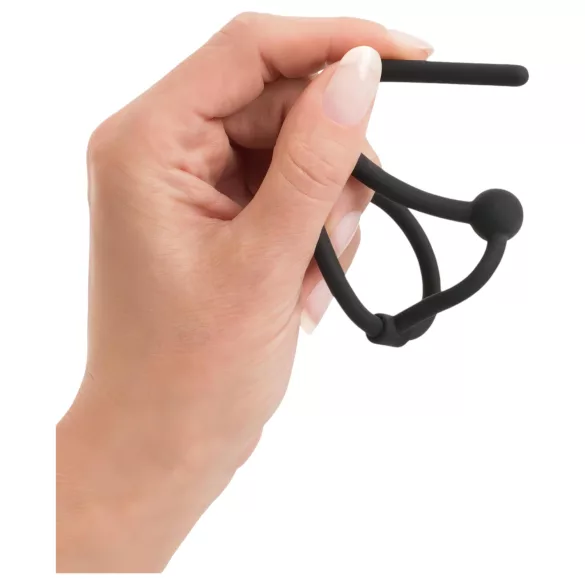 Penisplug - siliconen eikelring met holle dilator - zwart