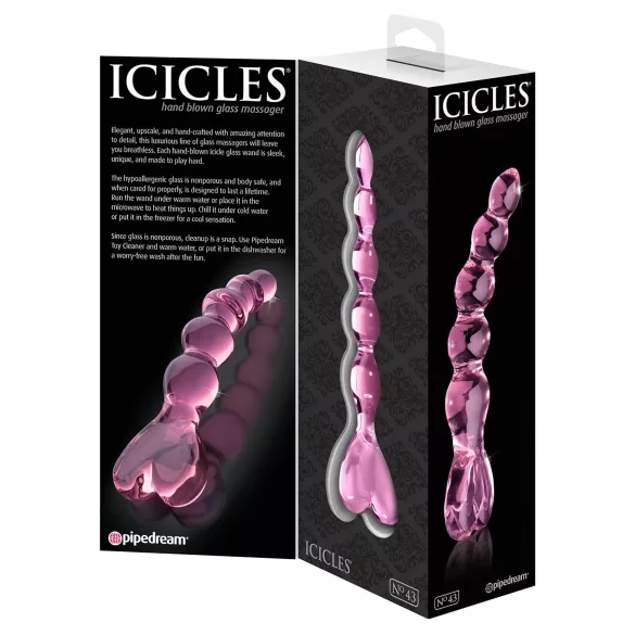 Icicles No. 43 - glazen dildo met noppen en hartjes - roze