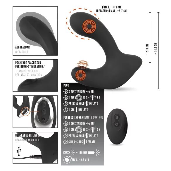 Rebel RC - oplaadbare op afstand bedienbare opblaasbare anale vibrator - zwart