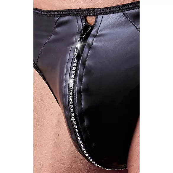 Svenjoyment - heren string - glanzend met strass en rits - zwart - M
