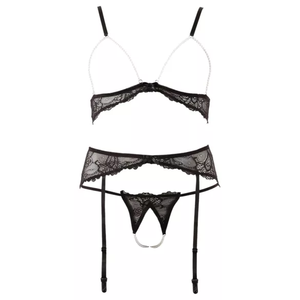 Abierta Fina - lingerie set - kant en parels - zwart - M