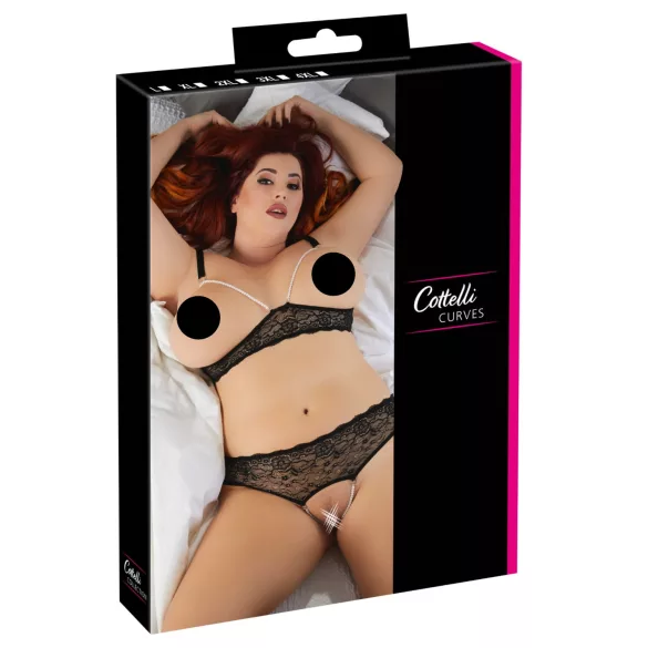 Cottelli Plus Size - bh set met parels - zwart - 3XL