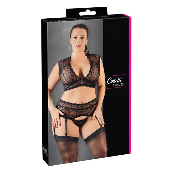 Cottelli Plus Size - lingerie set - kant - strass steentjes - zwart - 3XL