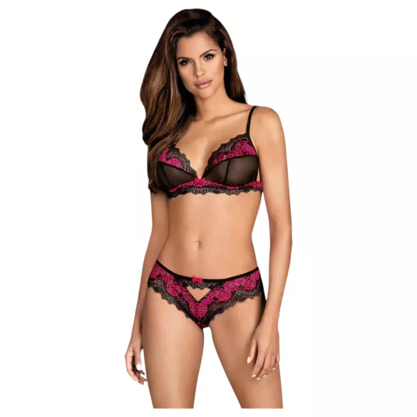 Obsessive Tulia - kanten lingerieset (zwart‑roze) - L/XL