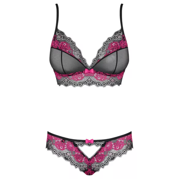 Obsessive Tulia - kanten lingerieset (zwart‑roze) - L/XL
