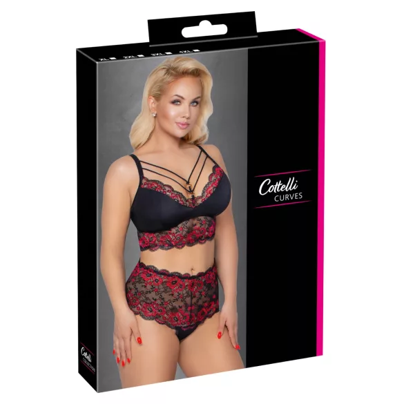 Cottelli Curvies - bloemenkant lingerie set (zwart) - 2XL