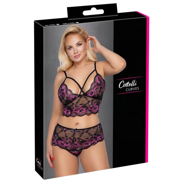 Cottelli Plus Size - bloemen bh-set (zwart-paars)