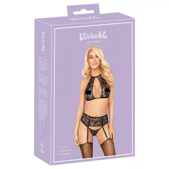 Kissbare set: halsband & kant BH (zwart)