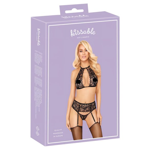 Kissbare set: halsband & kant BH (zwart) - L/XL