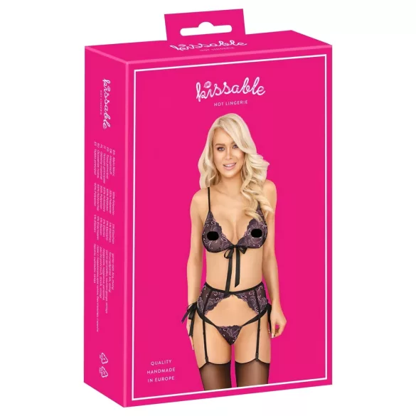 Kissable - zwarte bh set met roze-paars borduursel
