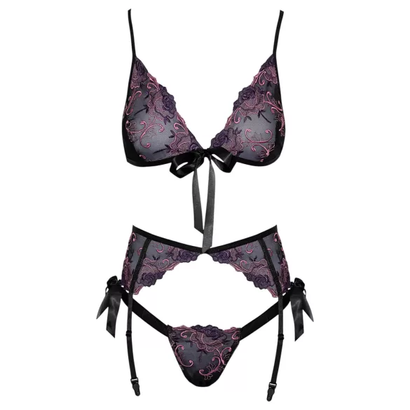 Kissable - zwarte bh set met roze-paars borduursel