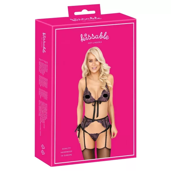 Kissable - zwarte bh set met roze-paars borduursel - L/XL
