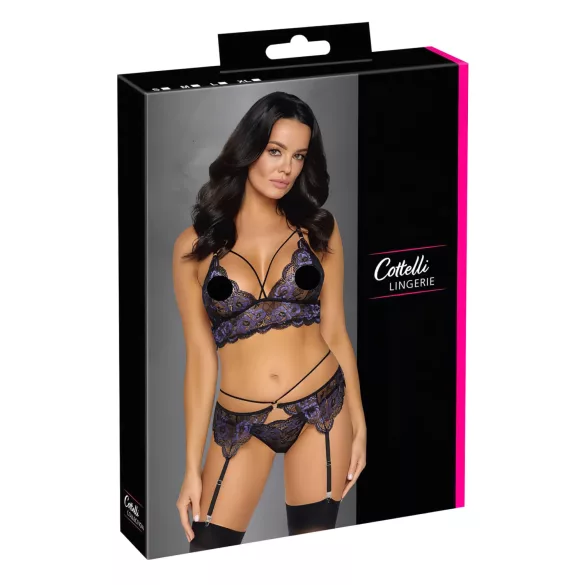 Cottelli - 3-delige kanten lingerie set (zwart-violet) - XL