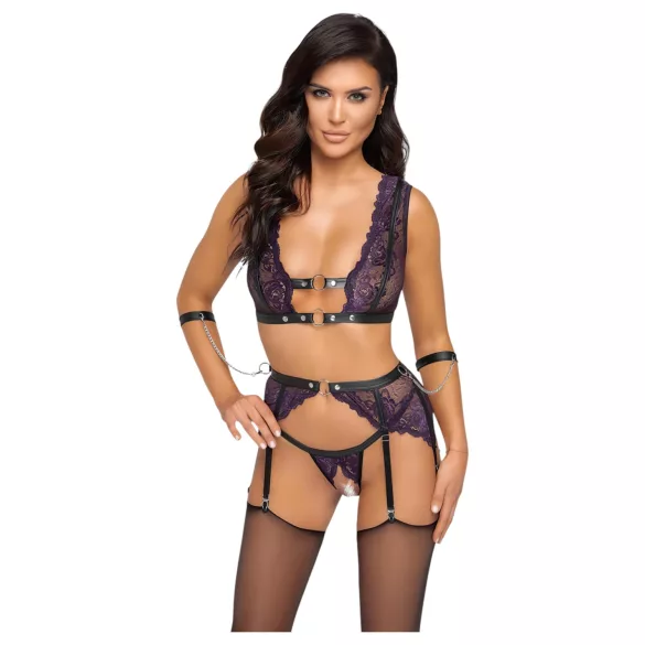 Cottelli Bondage - lingerie set en polsboeien (zwart-paars) - M