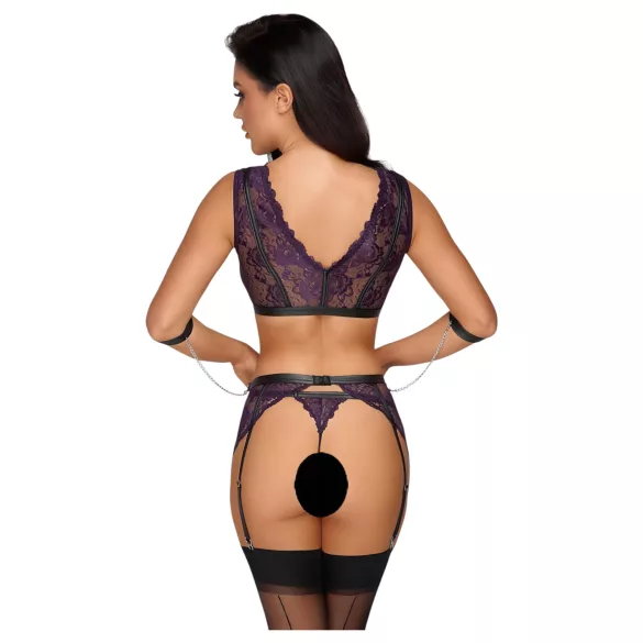 Cottelli Bondage - lingerie set en polsboeien (zwart-paars) - M