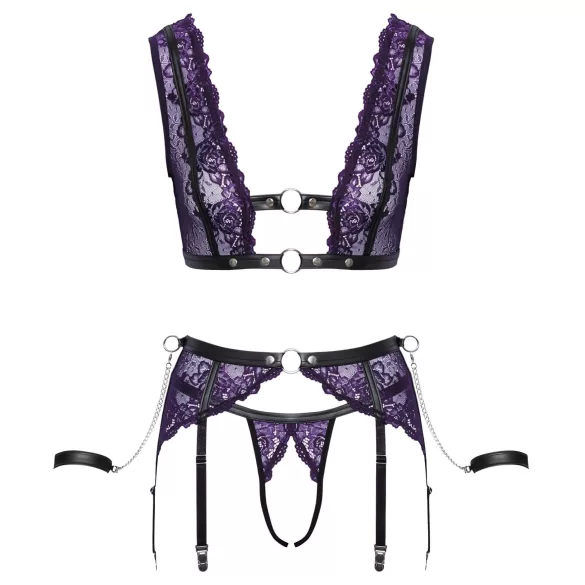 Cottelli Bondage - lingerie set en polsboeien (zwart-paars) - M