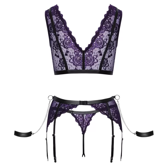Cottelli Bondage - lingerie set en polsboeien (zwart-paars) - M