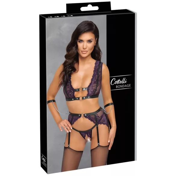 Cottelli Bondage - lingerie set en polsboeien (zwart-paars) - L