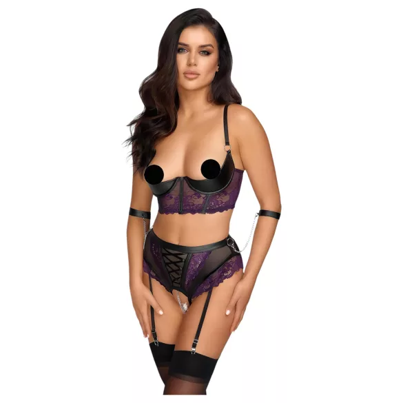 Cottelli Bondage - bh-set en armboeien (zwart-paars) - L