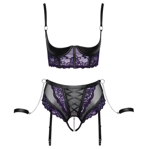 Cottelli Bondage - bh-set en armboeien (zwart-paars) - L
