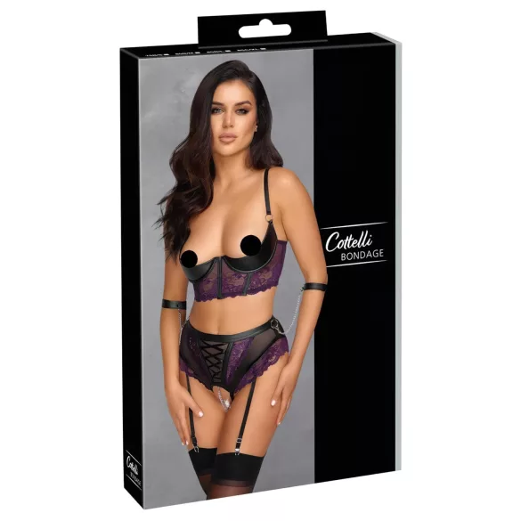 Cottelli Bondage - bh-set en armboeien (zwart-paars) - XL