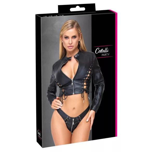 Cottelli - korte kunstleren jas en string-set (zwart) - L