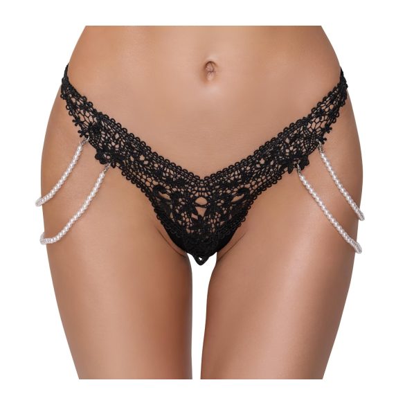 Cottelli - luxe geborduurd parel string (zwart) - M/L