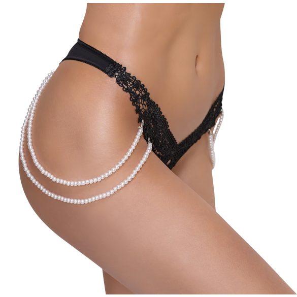 Cottelli - luxe geborduurd parel string (zwart) - M/L