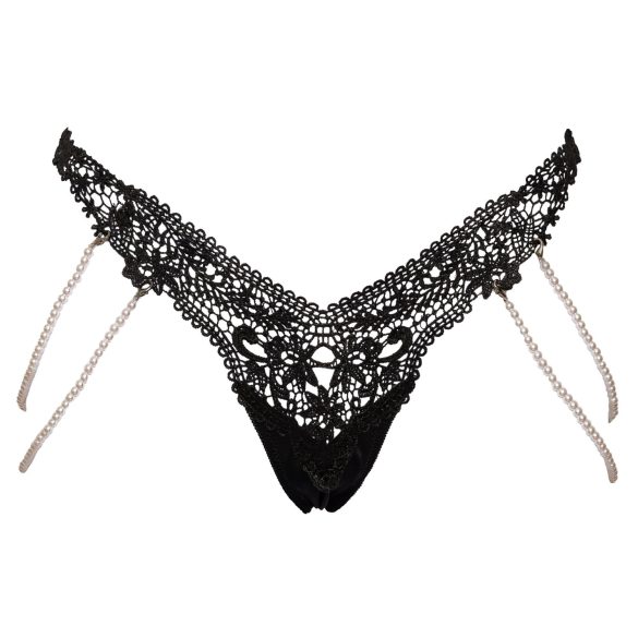 Cottelli - luxe geborduurd parel string (zwart) - M/L