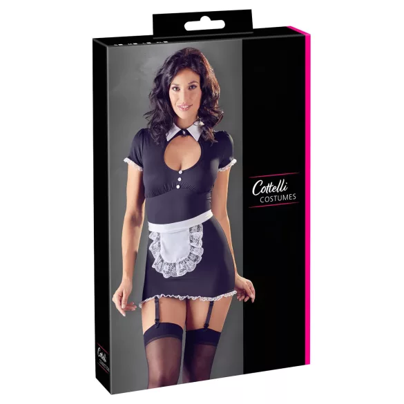 Cottelli - lingerie jurkje met jarretels - zwart/wit - kamermeisje - M
