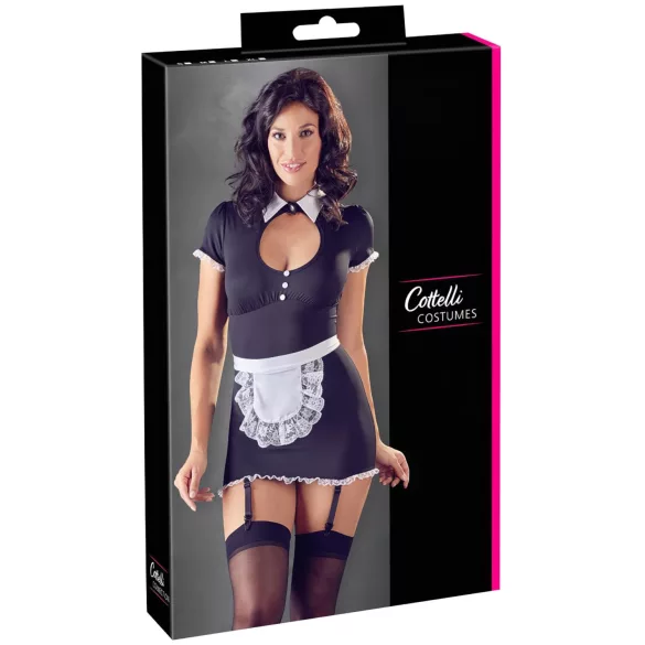 Cottelli - lingerie jurkje met jarretels - zwart/wit - kamermeisje - L