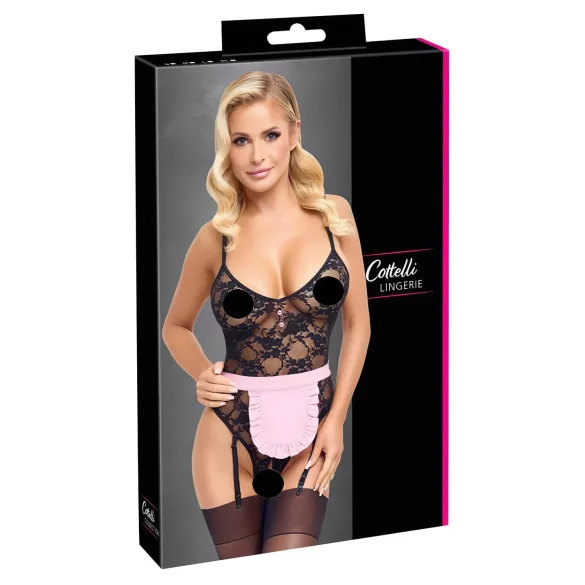 Cottelli - doorzichtige kamermeisje outfit - zwart/roze - L
