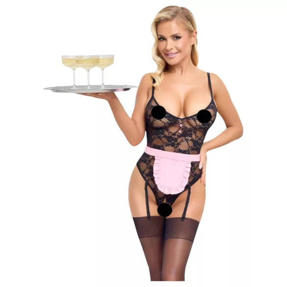 Cottelli - doorzichtige kamermeisje outfit - zwart/roze - XL
