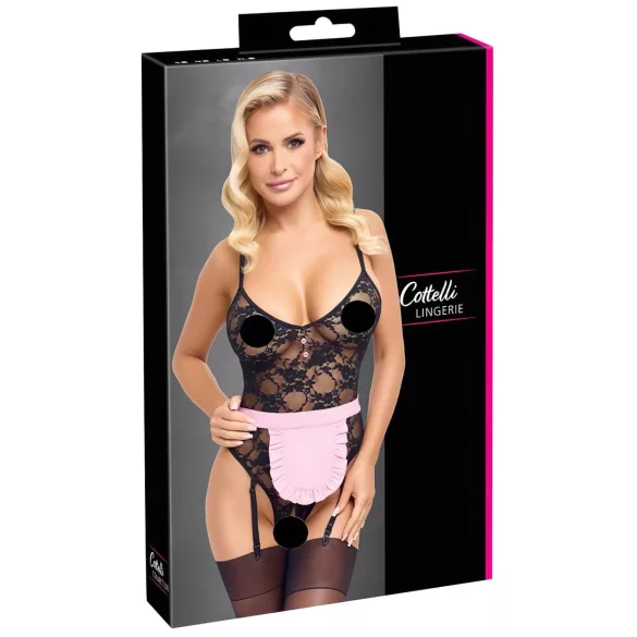 Cottelli - doorzichtige kamermeisje outfit - zwart/roze - XL