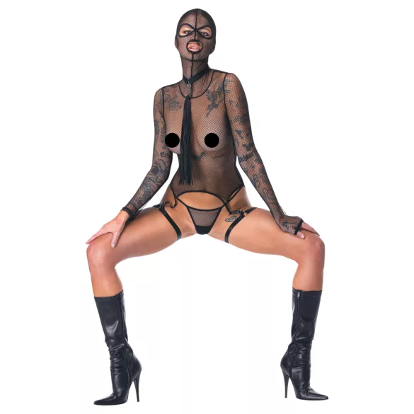 Bad Kitty - BDSM doorschijnende netset met zweep (zwart)