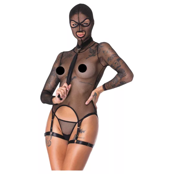 Bad Kitty - BDSM doorschijnende netset met zweep (zwart) - M