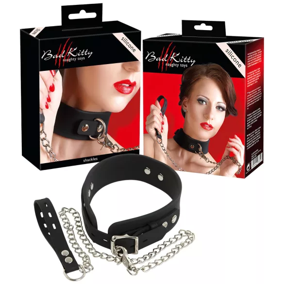 Bad Kitty - siliconen halsband met riem - zwart