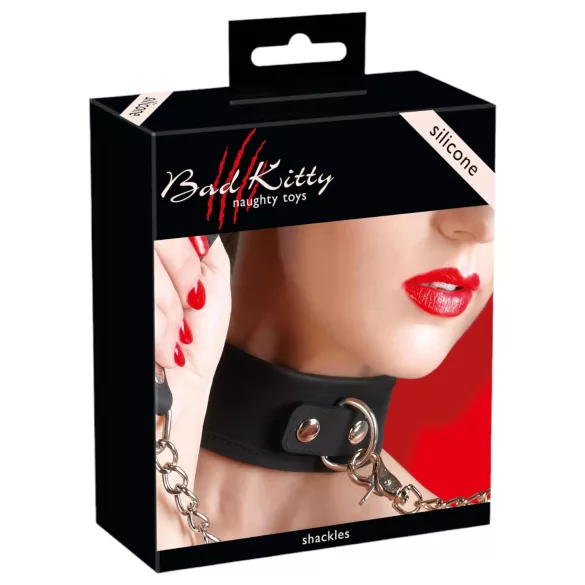 Bad Kitty - siliconen halsband met riem - zwart