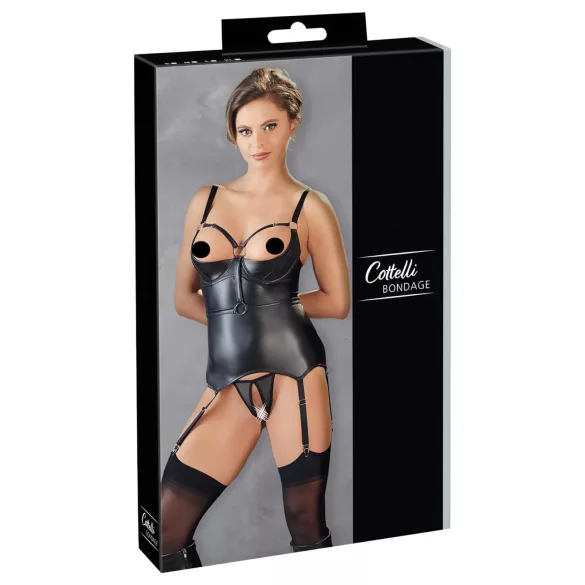 Cottelli Bondage - glanzende push-up top met boeien (zwart) - XL