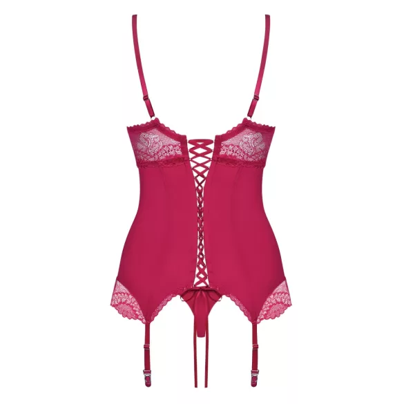 Obsessive Rosalyne - karmozijnrode korset-top met jarretelles en string (S/M)