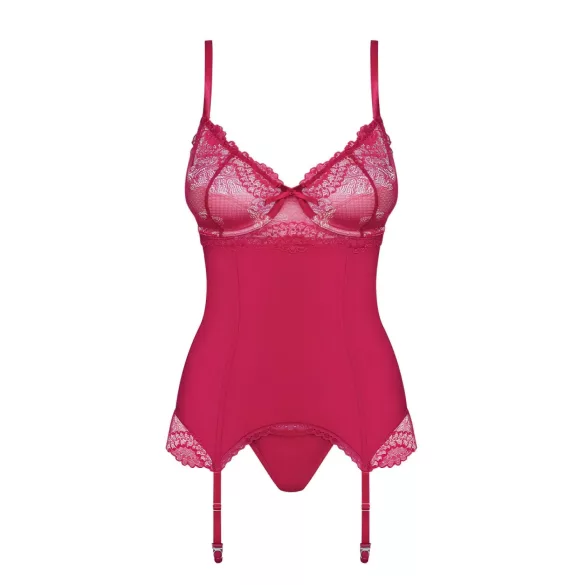 Obsessive Rosalyne - karmozijnrode korset-top met jarretelles en string (S/M)