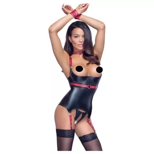 Cottelli Bondage - Lakleren beha top met halsband - Zwart - M