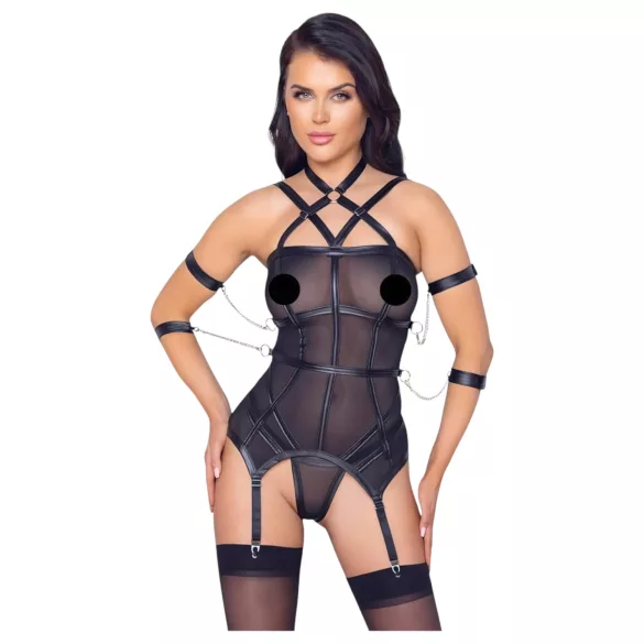 Cottelli Bondage - harnas top, armbanden en string (zwart) - M