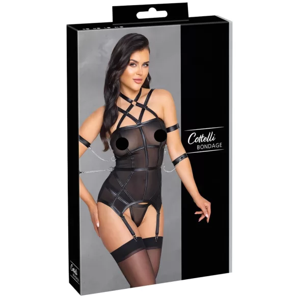 Cottelli Bondage - harnas top, armbanden en string (zwart) - M