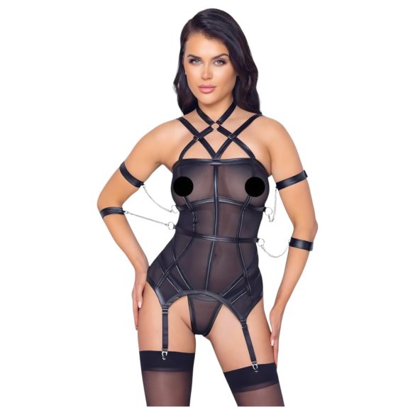 Cottelli Bondage - Top, polsbanden & tanga (zwart) - L