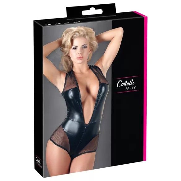 Cottelli - neglige body - glanzend netstof - zwart